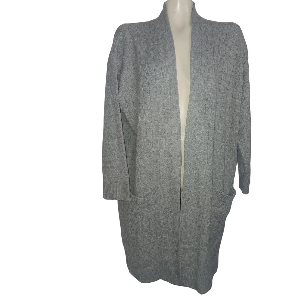 Calligraphie 1X Gray Cable Knit Open Front Longline Cardigan Sweater Pocket